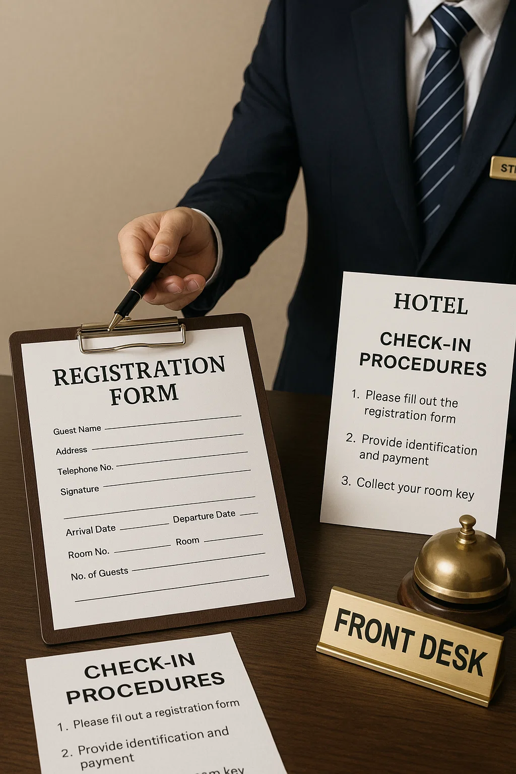 المكاتب الأمامية -نماذج استمارة تسجيل النزلاء وإجراءات تسجيل الوصول في الفنادق