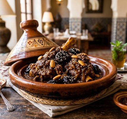 طاجين البرقوق المغربي بلحم الضأن واللوز والسمسم
