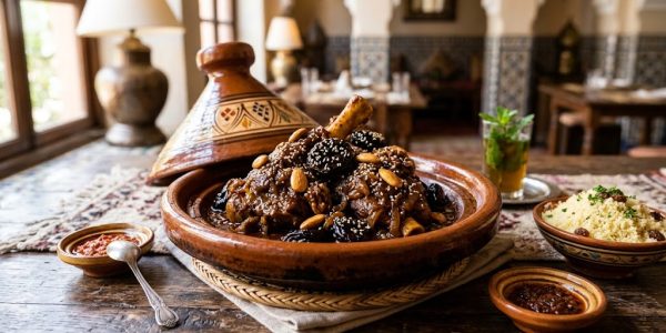 طاجين البرقوق المغربي بلحم الضأن واللوز والسمسم