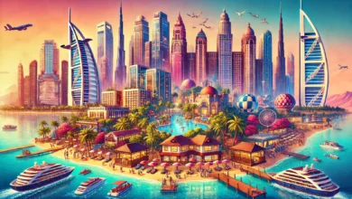 DALL·E-2025-02-09-11.06.04-A-vibrant-travel-scene-featuring-luxury-hotels-in-Cairo-Sharm-El-Sheikh-Doha-and-Dubai.-The-image-should-depict-bustling-cityscapes-beach-resorts