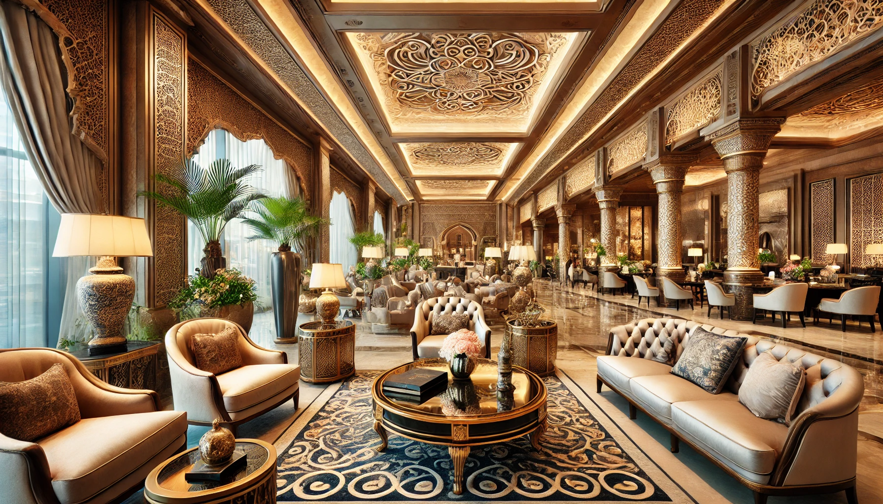 DALL·E 2025 02 25 09.25.31 A luxurious hotel lobby in an Arab country showcasing elegant design and high end services. The scene includes opulent furniture intricate architect