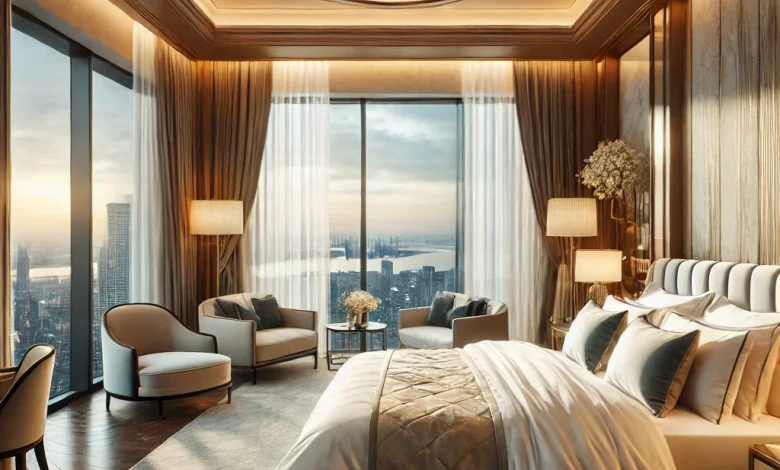 DALL·E 2025 02 25 11.21.58 An elegant hotel suite with luxurious furnishings a large bed with high quality linens soft lighting and a view of the city skyline through large w