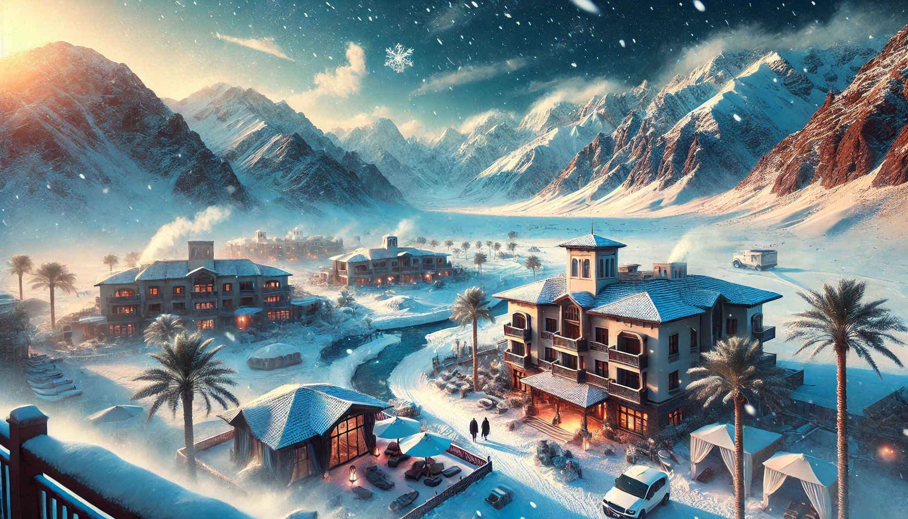 DALL·E 2025 02 25 14.42.37 A scenic winter landscape in the Middle East featuring snowy mountains cold winds and a desert background. The scene includes a luxurious resort wit