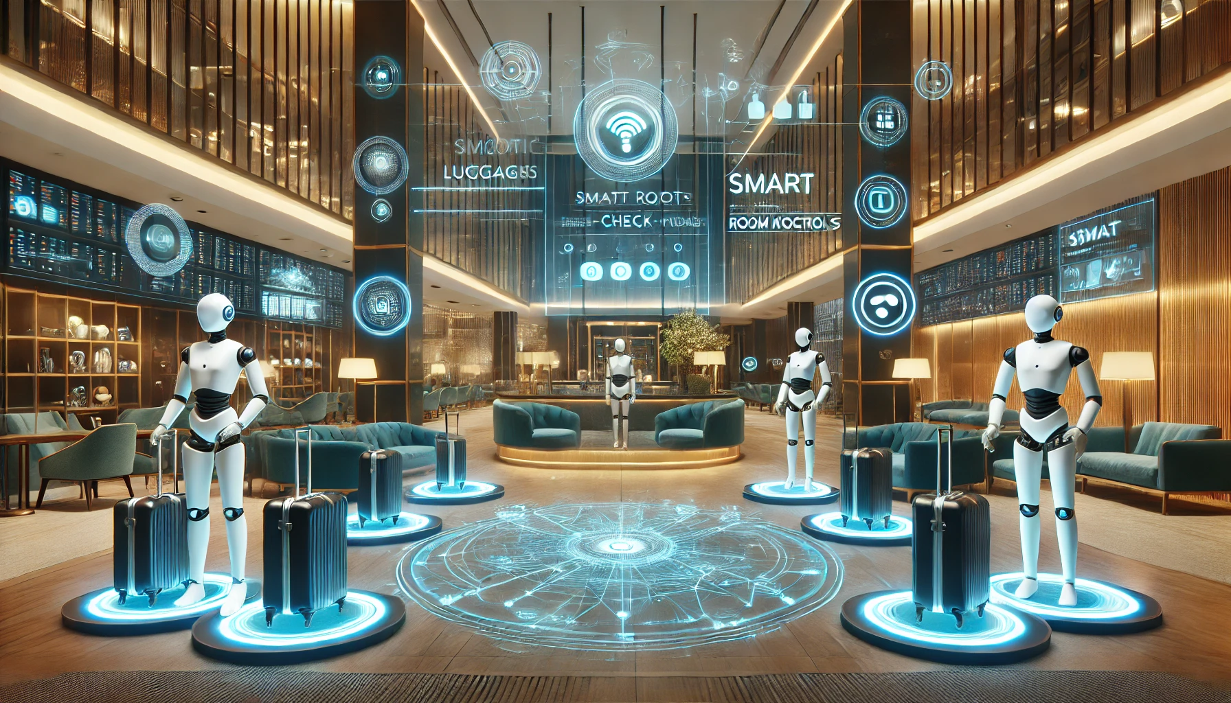 DALL·E 2025 03 09 11.17.38 A modern high tech hotel lobby with smart robots and AI driven systems. The setting should reflect futuristic elements such as robotic luggage storag