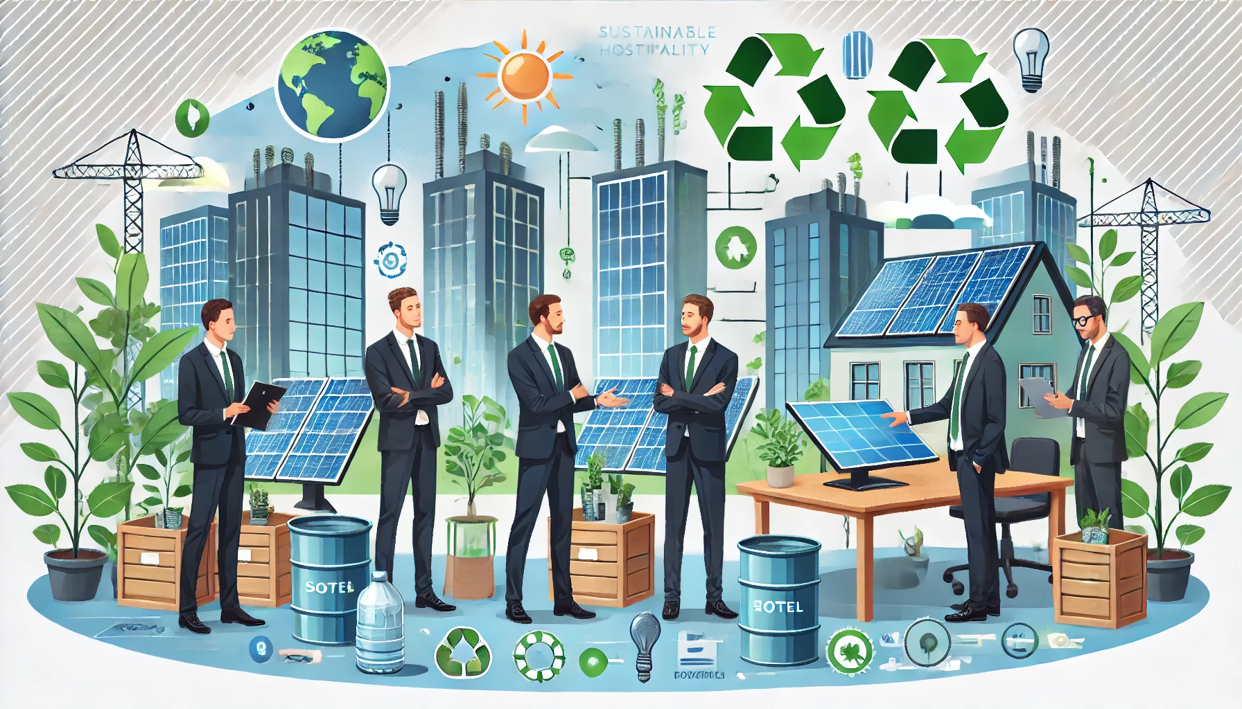 DALL·E 2025 03 25 14.53.36 A sustainable hotel environment with men interacting with eco friendly systems such as solar panels recycling systems and water conservation method
