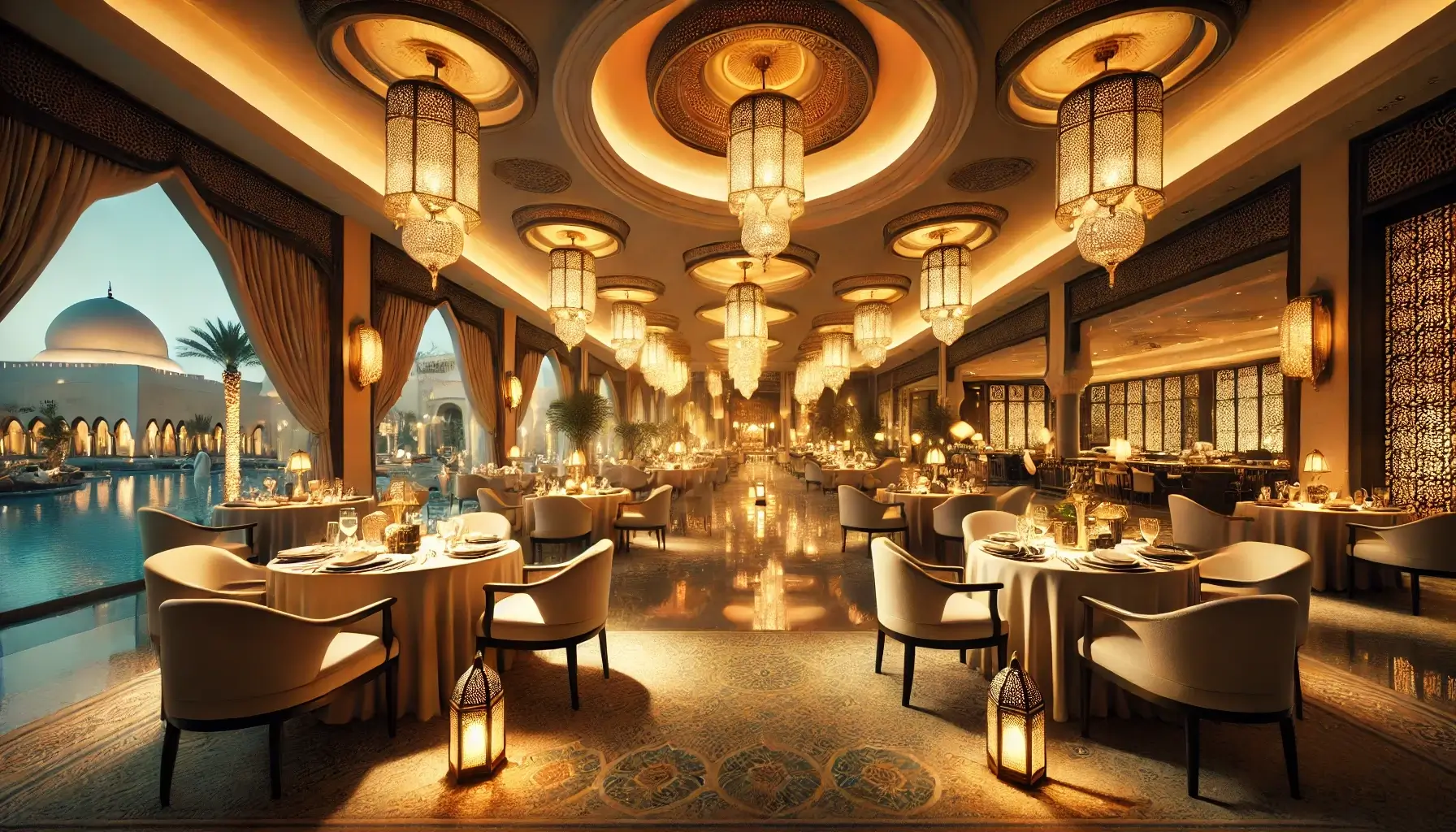 DALL·E 2025 03 01 11.32.11 A luxurious hotel setting during Ramadan showcasing elegant dining areas traditional Arabic lanterns and a serene ambiance. The scene reflects both 1