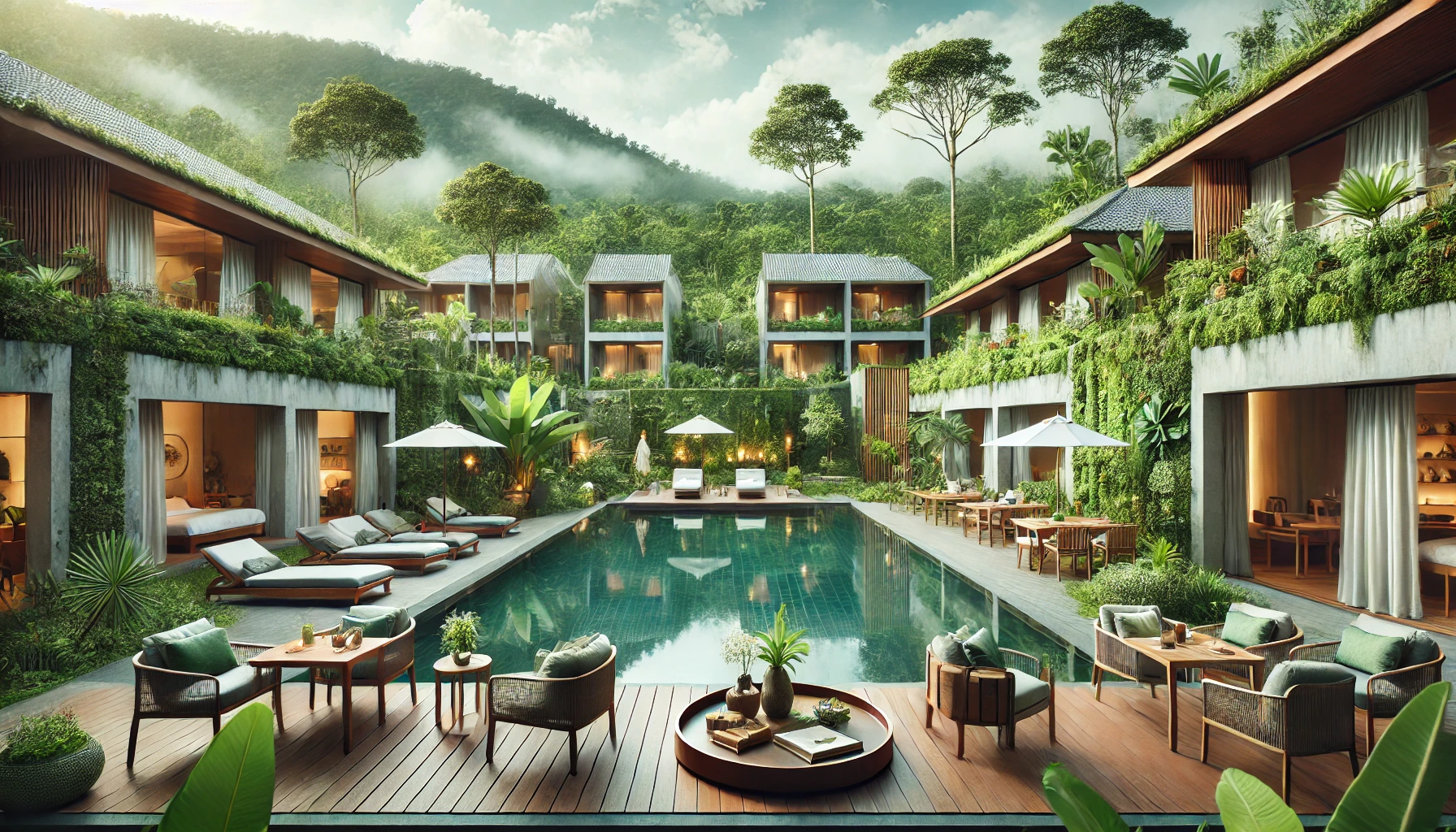 DALL·E 2025 03 02 12.43.43 An eco friendly luxury hotel offering plant based experiences with green architecture organic food and natural wellness services. The setting is se