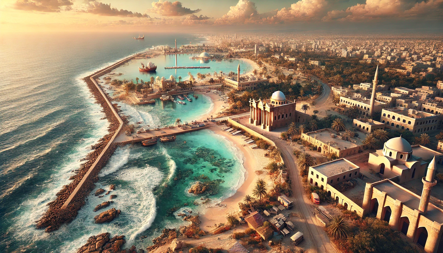 DALL·E 2025 03 02 15.16.28 A scenic view of a coastal and historical area in the Arab world highlighting pristine beaches ancient ruins and modern tourism infrastructure. The