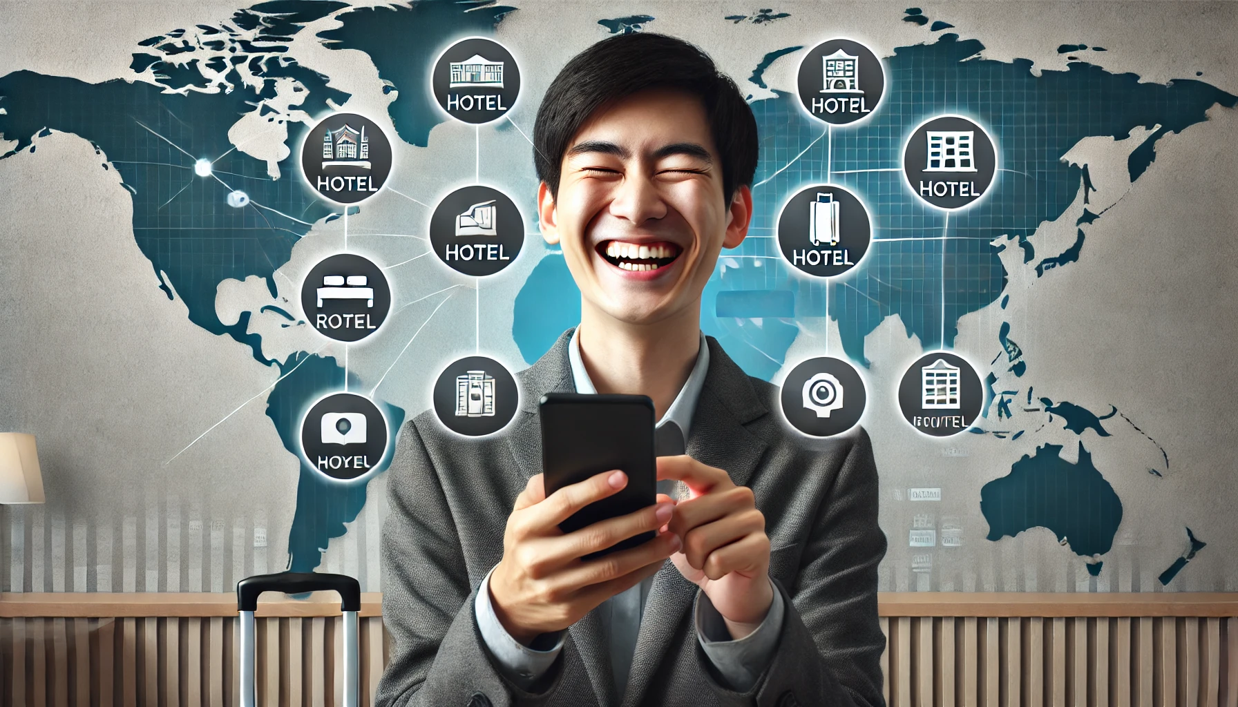 DALL·E 2025 03 03 13.21.22 A traveler happily booking a hotel room on a mobile phone with various hotel options displayed. The image should evoke a sense of excitement conveni