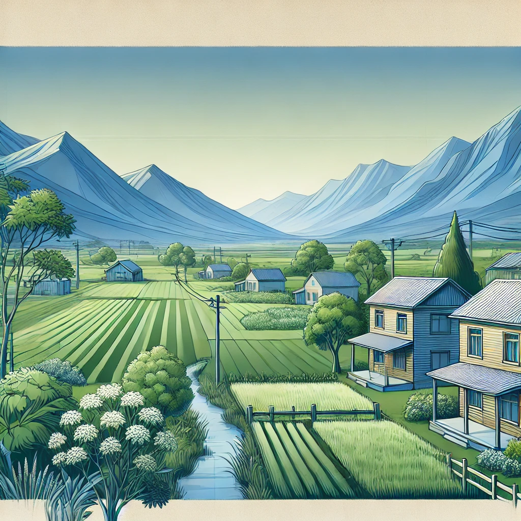 DALL·E 2025 03 04 13.32.08 A peaceful rural village landscape with traditional houses and green fields showcasing a serene and simple lifestyle away from the bustling city. The