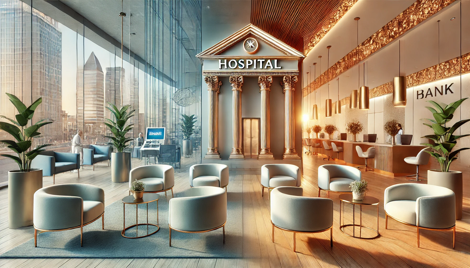 DALL·E 2025 03 05 14.54.41 A modern stylish bank and hospital setting that blends hospitality services showcasing comfortable waiting areas luxury design and customer servic