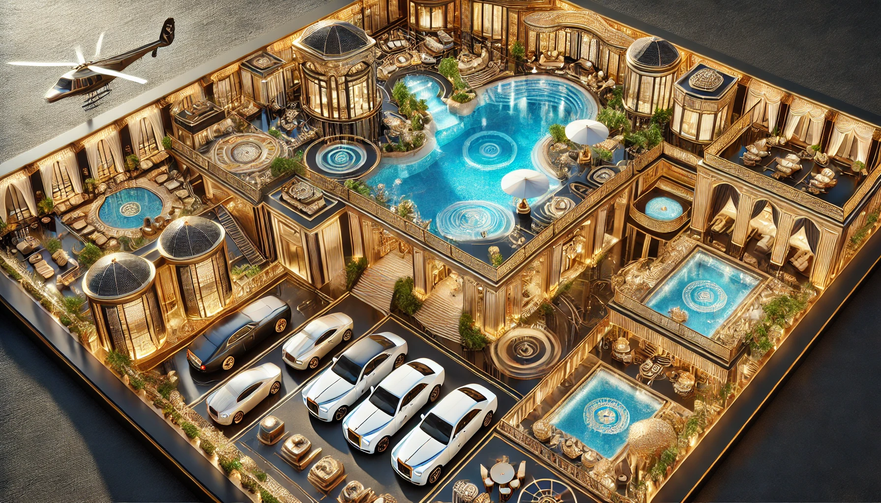 DALL·E 2025 03 05 15.00.10 An ultra luxurious 7 star hotel environment showcasing extravagant architectural design opulent interiors private pools and high end services such