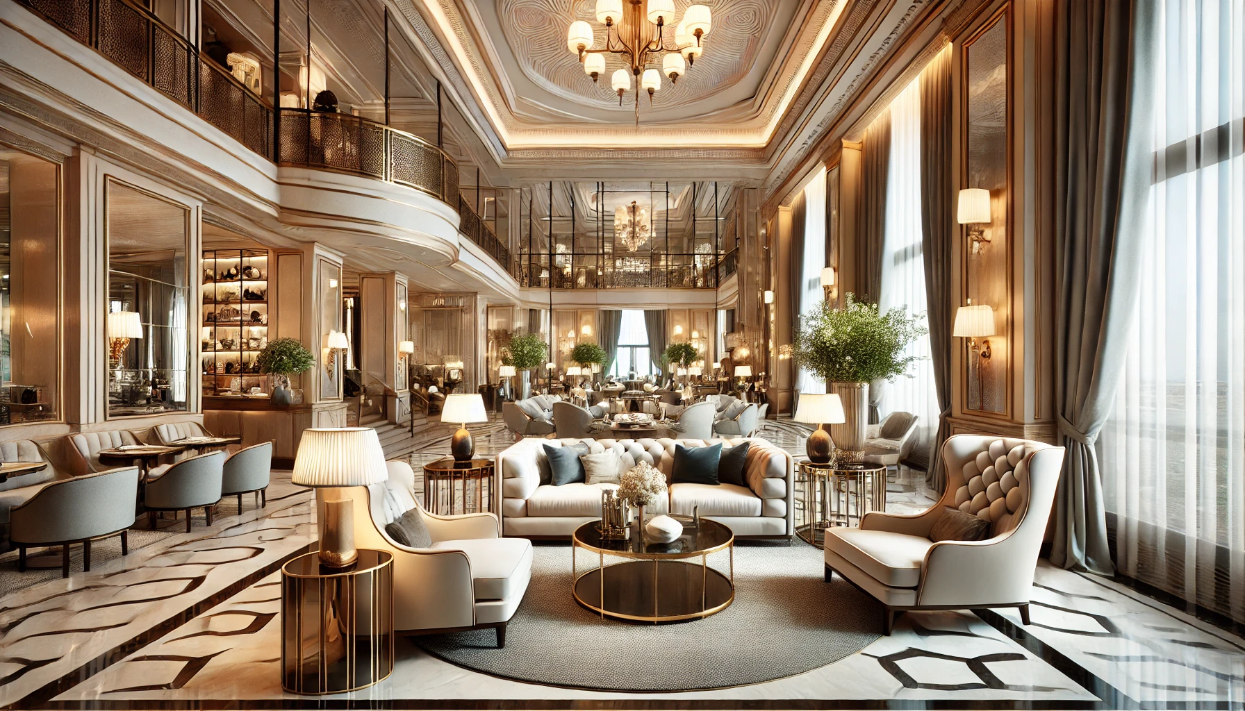 DALL·E 2025 03 09 10.54.53 A luxurious hotel lobby with a range of room types such as single double and suite rooms. The setting should reflect a mix of elegance and comfort