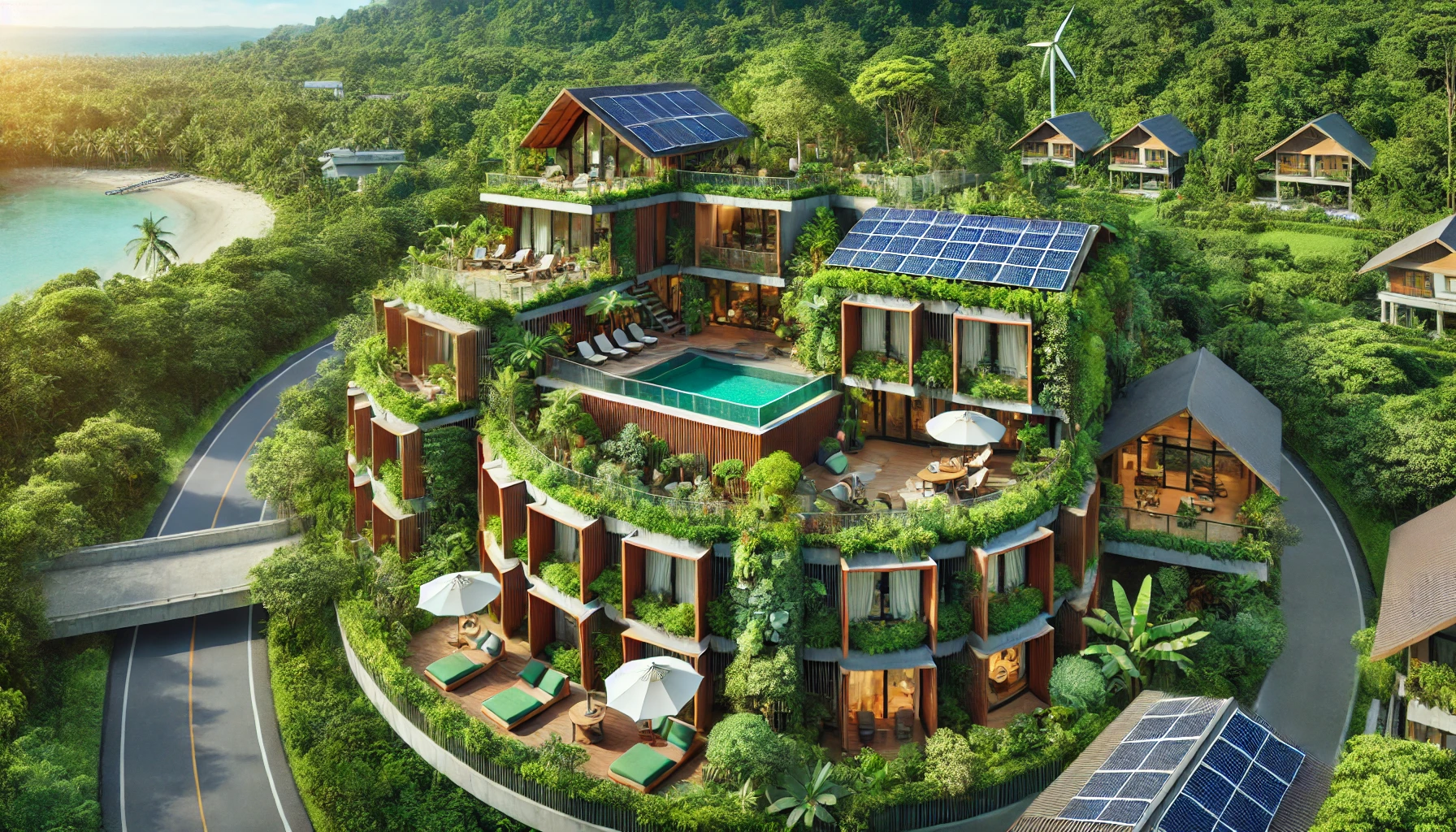 DALL·E 2025 03 09 11.00.41 A sustainable eco friendly hotel set amidst nature showcasing green architecture solar panels and natural building materials. The hotel should blen