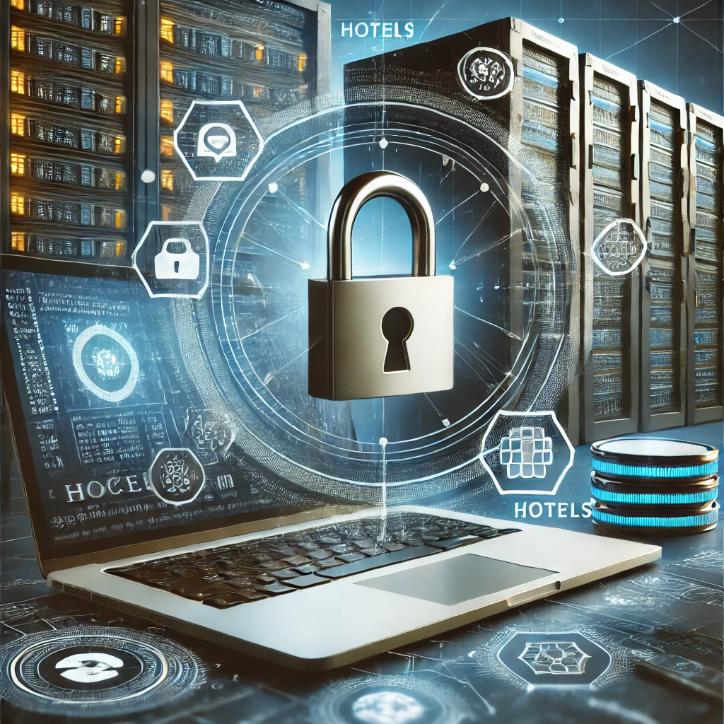 DALL·E 2025 03 17 15.04.53 A cybersecurity concept image related to hotels depicting secure data storage protection of personal information with a digital lock laptop and s 1