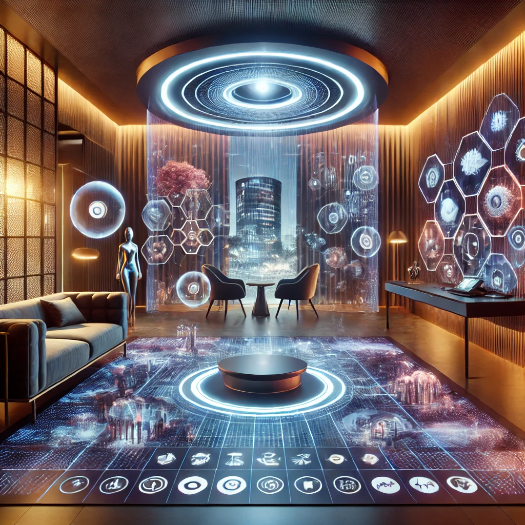 DALL·E 2025 03 17 15.11.17 An immersive hotel experience featuring advanced technology interactive design dynamic lighting and sensory effects like sound and scent. The conc