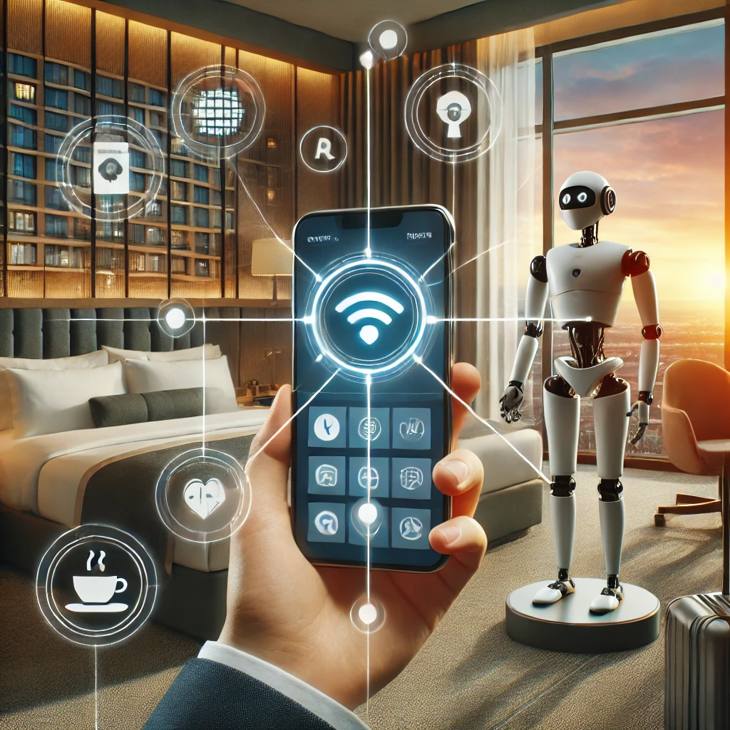 DALL·E 2025 03 18 10.23.50 A modern hotel experience with digital interaction showcasing guests using smartphones to control room settings AI powered robots assisting guests