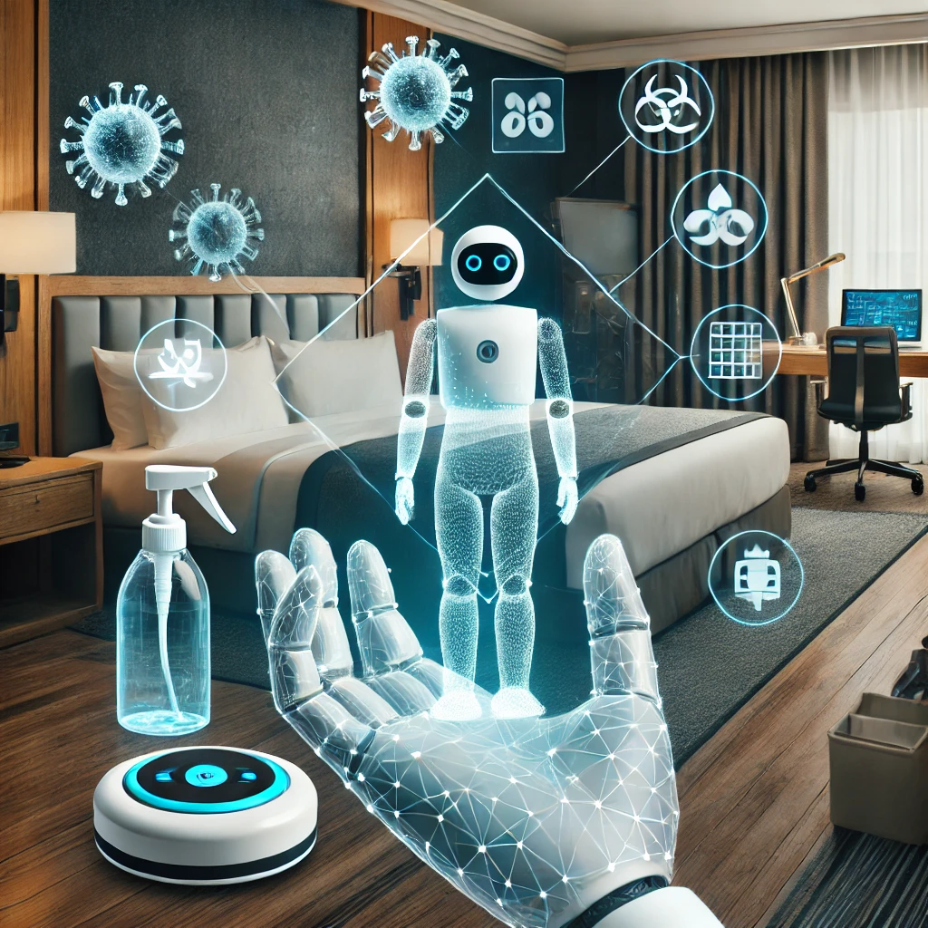 DALL·E 2025 03 18 10.30.18 An image of hotel cleanliness and hygiene standards post pandemic featuring advanced sanitation practices such as UV cleaning technology robots and