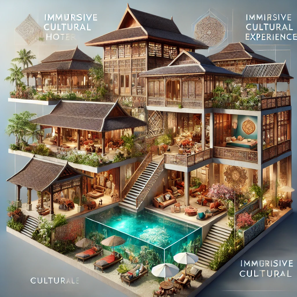 DALL·E 2025 03 18 10.35.43 An immersive cultural hotel experience showcasing traditional architecture and local crafts with elements of local culture such as art design and
