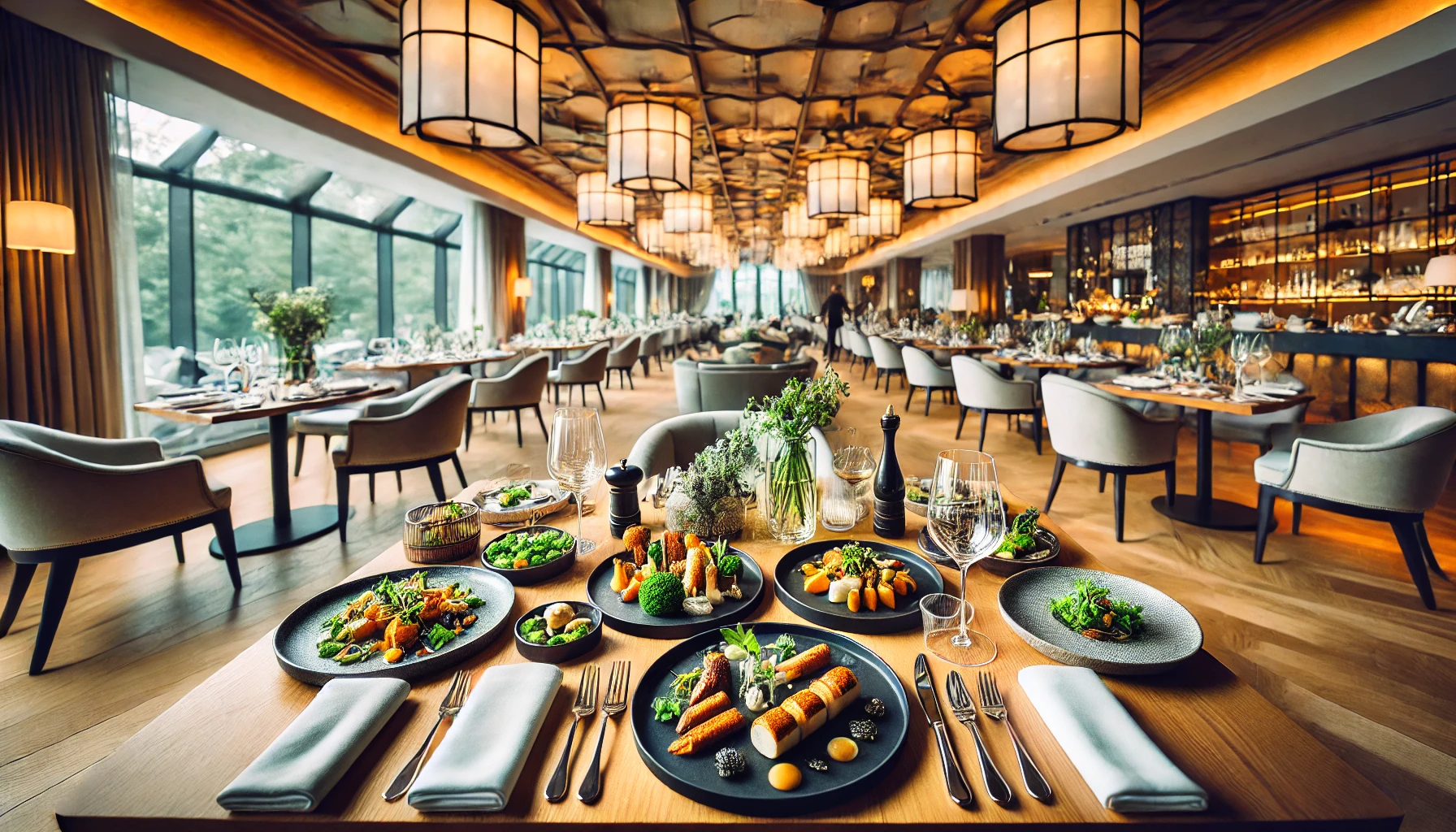 DALL·E 2025 03 18 11.42.41 An elegant hotel restaurant setting with gourmet dishes being served to guests showcasing a fine dining experience with diverse and creative food pre