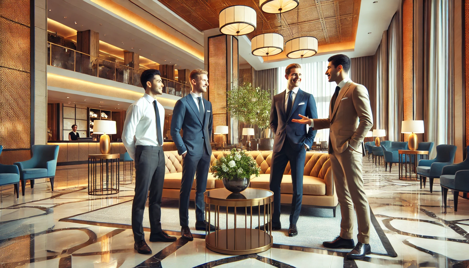 DALL·E 2025 03 20 13.44.31 A luxury hotel lobby with professional male staff interacting with guests showcasing a positive work environment and teamwork in the hospitality indu