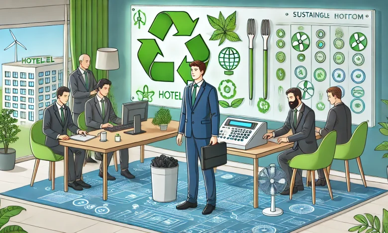 DALL·E 2025 03 25 15.03.04 A sustainable hotel environment with men engaging in eco friendly practices such as energy saving systems waste management and using renewable resou