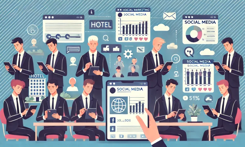 DALL·E 2025 03 25 15.13.48 A hotel marketing team of men using social media platforms on digital devices to engage with customers analyze data and create content. The scene sh