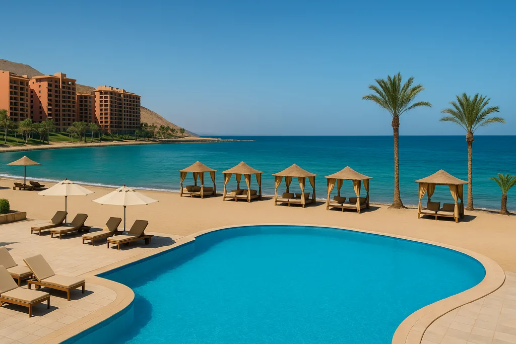 مساحة الألعاب والشاطئ الرملي ضمن المجمع، مناسبة للأطفال والعائلات