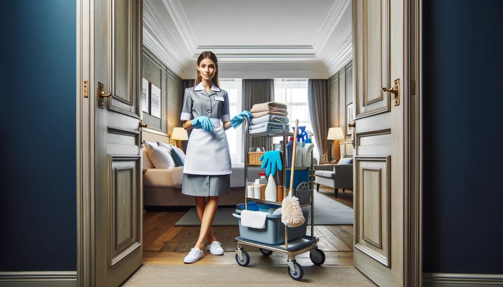 موظفة تفحص الغرفة وعربة إعداد