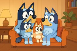 Bluey Family on Couch – عائلة بلووي في مشهد منزلي دافئ