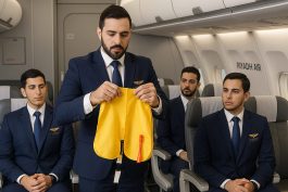 طاقم ضيافة جوي لطيران الرياض أثناء التدريب على السلامة