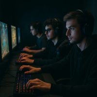 شباب يستخدمون الحواسيب في أجواء مظلمة، تعكس سلوك المستخدمين لمثل هذه الألعاب الرقمية.