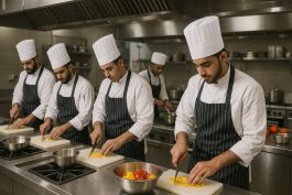 طلاب دبلوم فندقي أثناء التدريب العملي في مطبخ فندقي
