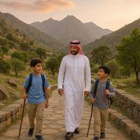 عائلة سعودية تتنزه في أحد المنتزهات الجبلية بالباحة