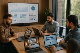 فريق تسويق رقمي يعمل على الترويج للفندق عبر الإنترنت