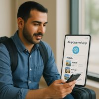 مسافر عربي يستخدم تطبيق يعتمد على محرك التفكير لاختيار الفندق
