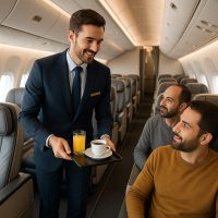 مضيف طيران يقدم خدمة للركاب على متن الطائرة