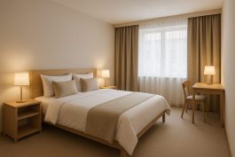 الغرفة البسيطة بألوان هادئة تمنح النزيل راحة داخلية