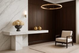 تصميم داخلي فاخر يمزج بين الرخام الأبيض والخشب الداكن بتوازن بصري راقٍ