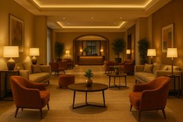 ردهة فندقية أنيقة توظف الألوان الدافئة لتعزيز الشعور بالراحة النفسية