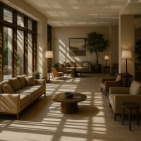 ردهة فندقية بتصميم يعتمد على الإضاءة الطبيعية والظلال لتحقيق التوازن البصري