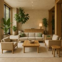 ردهة فندقية تستخدم الألوان الطبيعية والمواد العضوية لخفض التوتر العصبي
