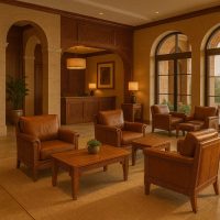 ردهة فندقية تستخدم الجلد الطبيعي والخشب العربي في تصميم الأثاث الفاخر