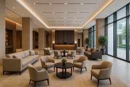 ردهة فندقية حديثة بتصميم مفتوح يعبّر عن الفخامة الهادئة