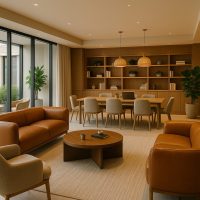 ردهة فندقية حديثة تُستخدم كمركز تواصل للمقيمين الدائمين في نظام الاشتراك الشهري