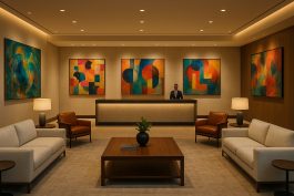 ردهة فندقية حديثة تُعرض فيها أعمال فنية معاصرة لفنانين محليين