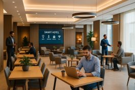 ردهة فندقية ذكية مجهزة بأماكن عمل مشتركة ومناطق نقاش مفتوحة