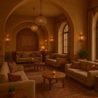 ردهة فندقية راقية تعكس الدفء والحميمية بتصميم مستوحى من الثقافة المحلية