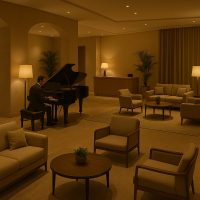 ردهة فندقية راقية تملؤها أنغام هادئة تعزز الشعور بالطمأنينة والترحيب