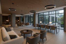 ردهة فندقية عصرية تُستخدم كمركز تواصل للمقيمين الدائمين